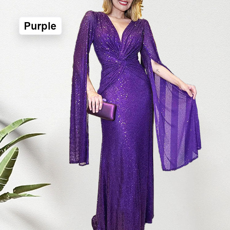 ✨New Arrival✨Sequined V-Neck Evening Dress with Pleated Hem