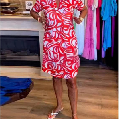 🎁Hot Sale 57% OFF⏳Short-Sleeved Printed V-Neck Fashion Dress