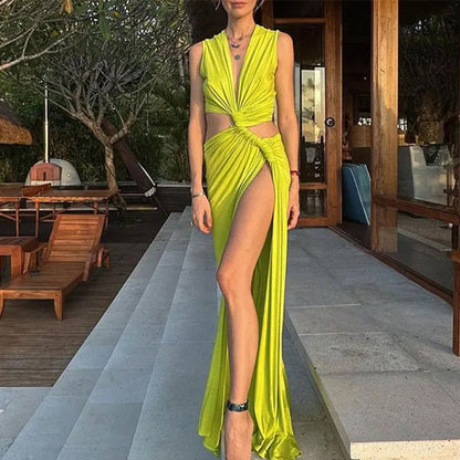 【🎀50% de descuento🎀】🎉2024 HOT SALE🔥😍V-Neck Waist Cutout Pleated Slit Long Dress
