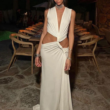 【🎀50% de descuento🎀】🎉2024 HOT SALE🔥😍V-Neck Waist Cutout Pleated Slit Long Dress