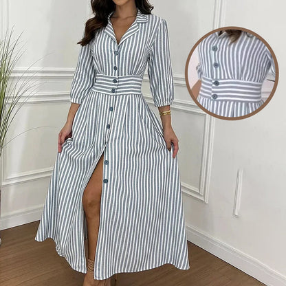 🌟Exclusive 66% OFF👗Fashion Striped Button-Down Long Shirt Dress