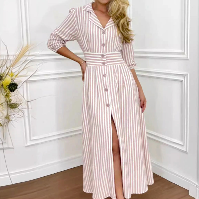 🌟Exclusive 66% OFF👗Fashion Striped Button-Down Long Shirt Dress