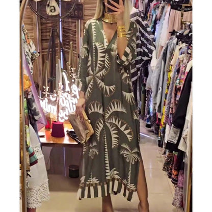 🌷Limited Time 48% OFF💞Women's Vintage Coconut Tree Print Dress with 3/4 Sleeve & Split Hem