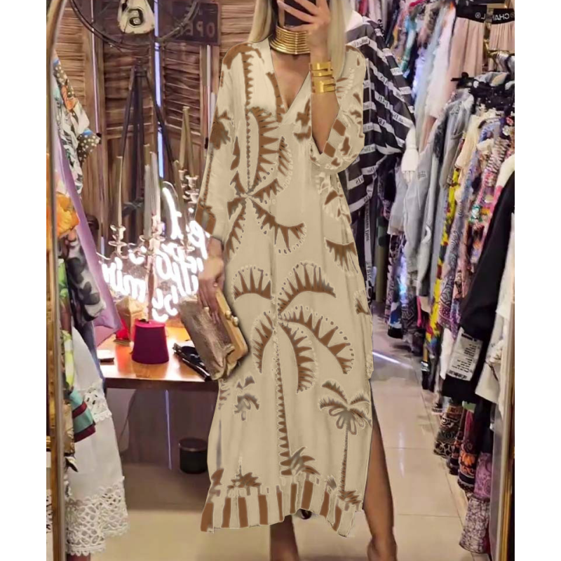 🌷Limited Time 48% OFF💞Women's Vintage Coconut Tree Print Dress with 3/4 Sleeve & Split Hem