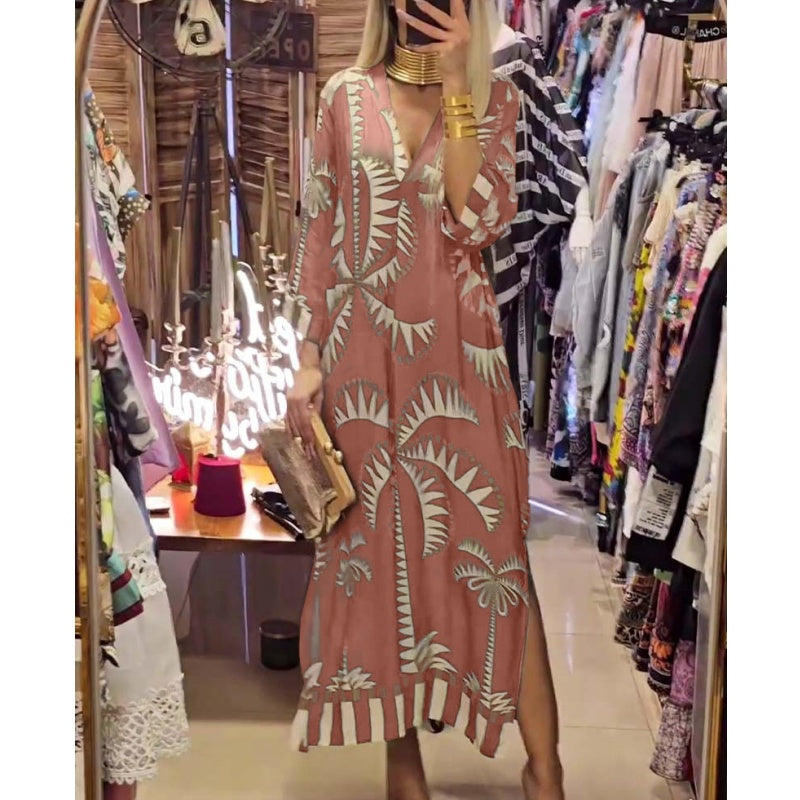 🌷Limited Time 48% OFF💞Women's Vintage Coconut Tree Print Dress with 3/4 Sleeve & Split Hem