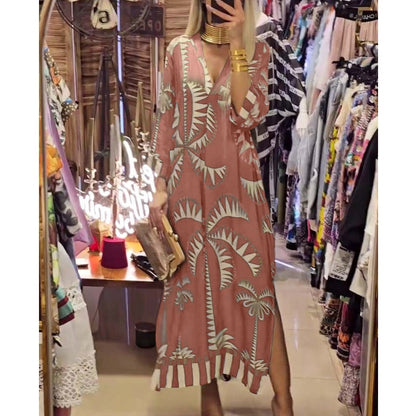 🌷Limited Time 48% OFF💞Women's Vintage Coconut Tree Print Dress with 3/4 Sleeve & Split Hem