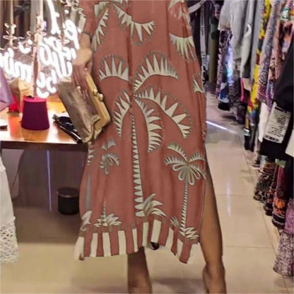 🌷Limited Time 48% OFF💞Women's Vintage Coconut Tree Print Dress with 3/4 Sleeve & Split Hem
