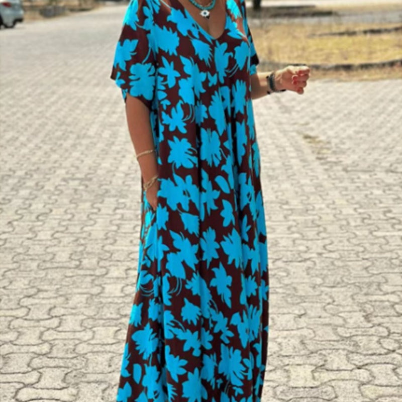 🔥HOT SALE-50% OFF💝Women’s Trendy Print Loose Fit V Neck Long Dress
