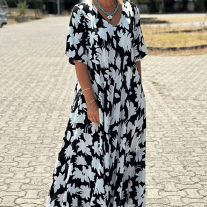 🔥HOT SALE-50% OFF💝Women’s Trendy Print Loose Fit V Neck Long Dress
