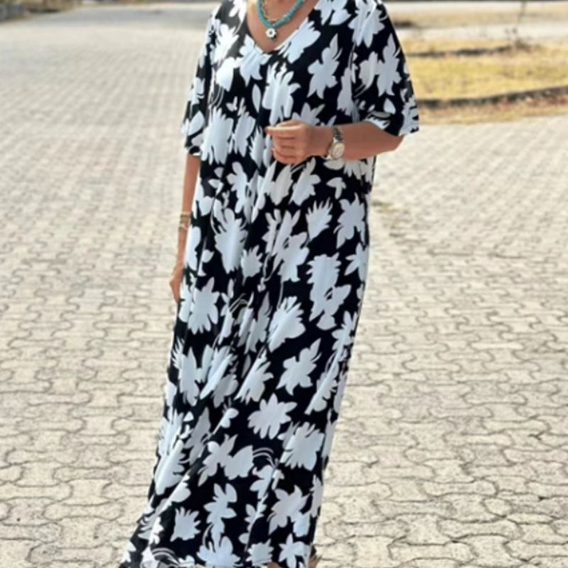🔥HOT SALE-50% OFF💝Women’s Trendy Print Loose Fit V Neck Long Dress