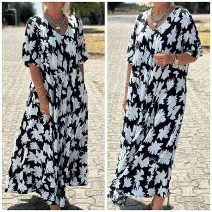 🔥HOT SALE-50% OFF💝Women’s Trendy Print Loose Fit V Neck Long Dress