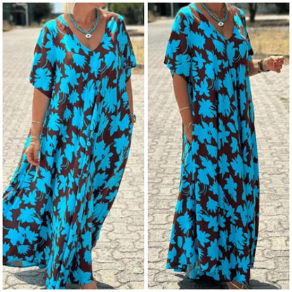🔥HOT SALE-50% OFF💝Women’s Trendy Print Loose Fit V Neck Long Dress