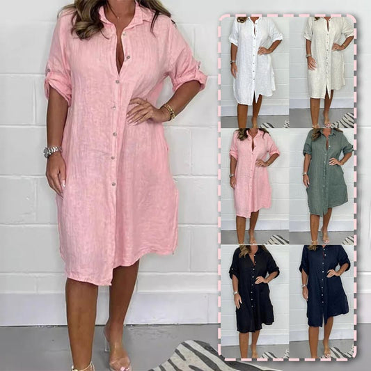 🌷Limited Time 51% OFF💞Women's Cotton and Linen Button Shirt Dress