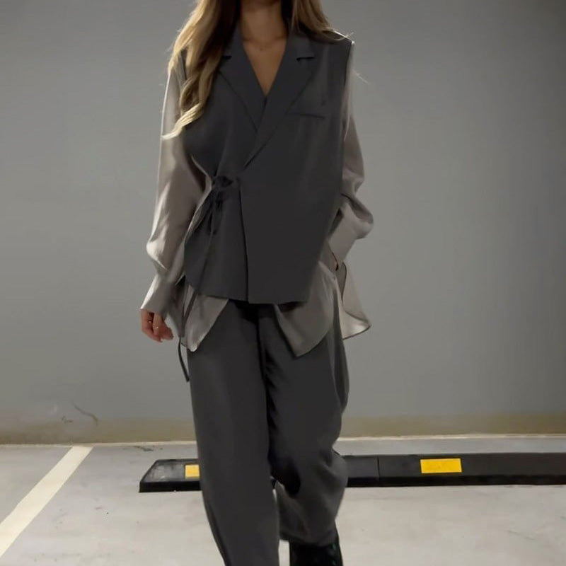 🔥HOT SALE 44% OFF🔥Fashion Patchwork Irregular Lace-Up Shirt & Pants Two-Piece Set