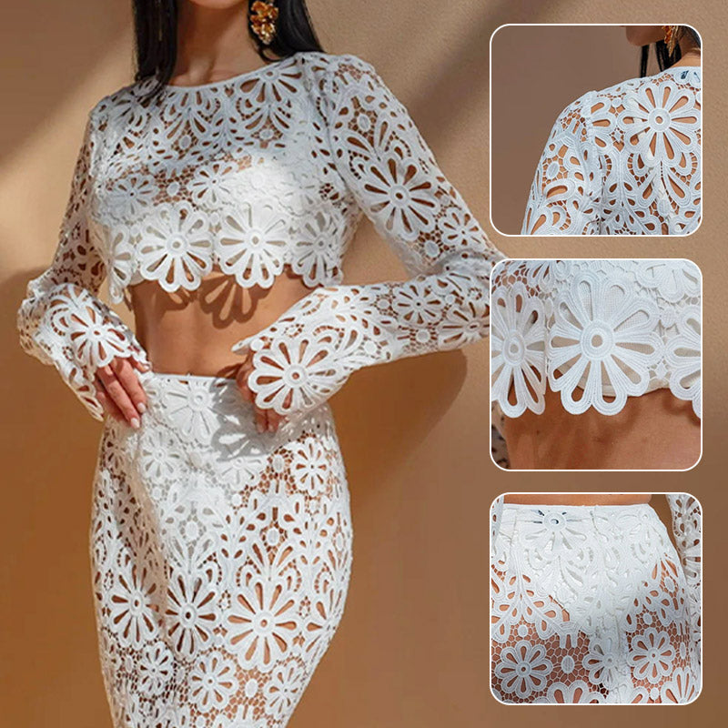 🌸61% OFF & Free Shipping🌸Lace Hollow-Out Top & Skirt 2-Piece Set