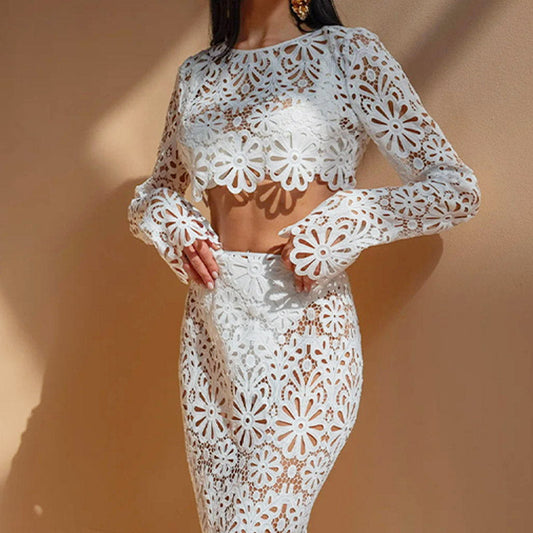 🌸61% OFF & Free Shipping🌸Lace Hollow-Out Top & Skirt 2-Piece Set