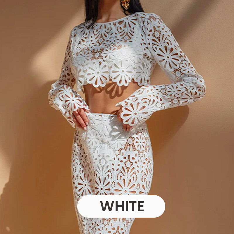 🌸61% OFF & Free Shipping🌸Lace Hollow-Out Top & Skirt 2-Piece Set