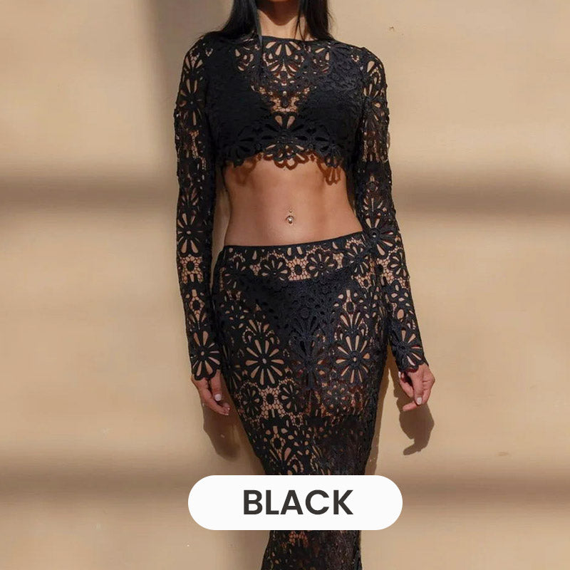 🌸61% OFF & Free Shipping🌸Lace Hollow-Out Top & Skirt 2-Piece Set