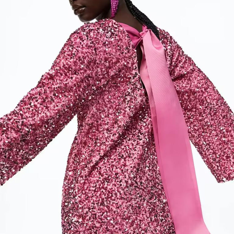 🎁Gift Choice - Long Sleeve Loose Sequined Tie-back Dress