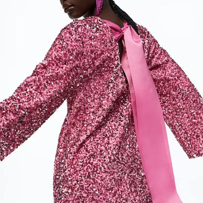 🎁Gift Choice - Long Sleeve Loose Sequined Tie-back Dress