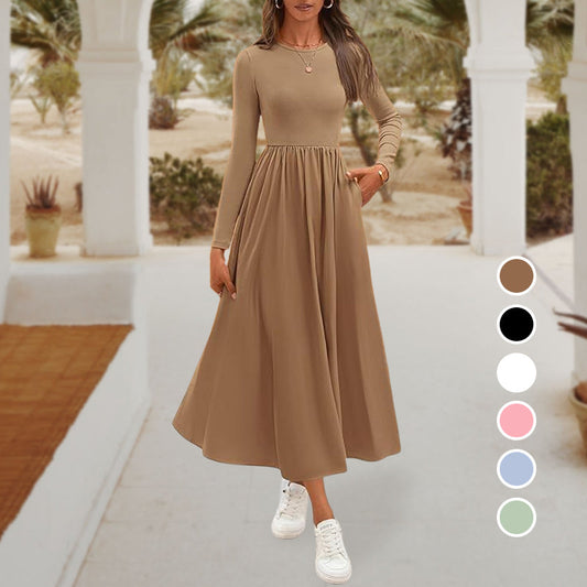 💞Elegant Solid Color Round Neck A-line Pleated Dress