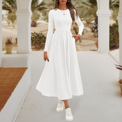 💞Elegant Solid Color Round Neck A-line Pleated Dress