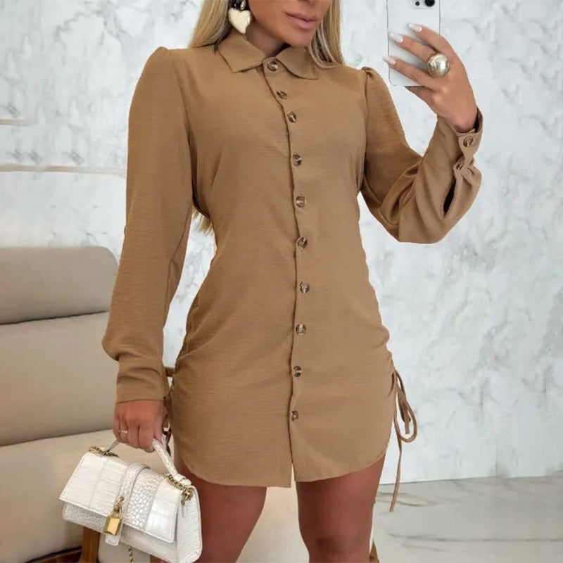 💥Limited time 56% off🔥Women's Lapel Button-Down Side Drawstring Shirt Dress