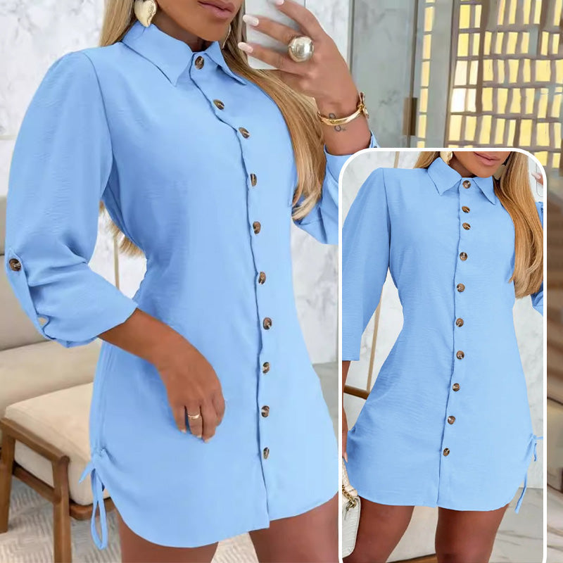 💥Limited time 56% off🔥Women's Lapel Button-Down Side Drawstring Shirt Dress