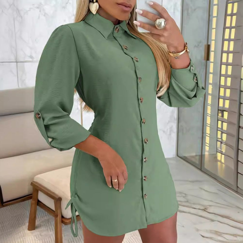 💥Limited time 56% off🔥Women's Lapel Button-Down Side Drawstring Shirt Dress