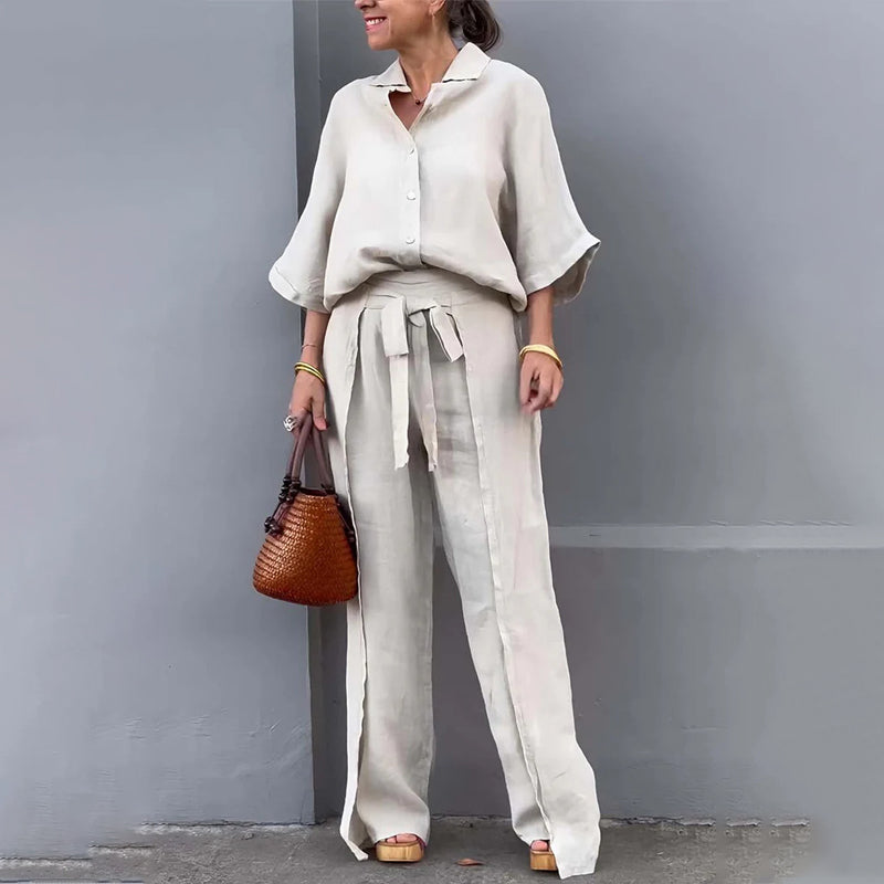 🔥HOT SALE-53% OFF💝Solid Color Lapel Top Drawstring Pants 2-Piece Set