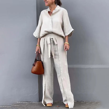 🔥HOT SALE-53% OFF💝Solid Color Lapel Top Drawstring Pants 2-Piece Set