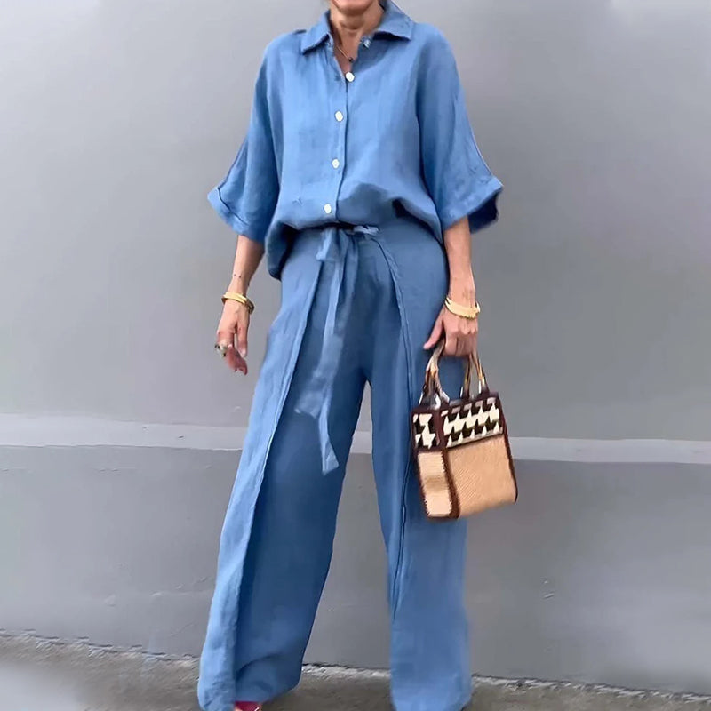 🔥HOT SALE-53% OFF💝Solid Color Lapel Top Drawstring Pants 2-Piece Set