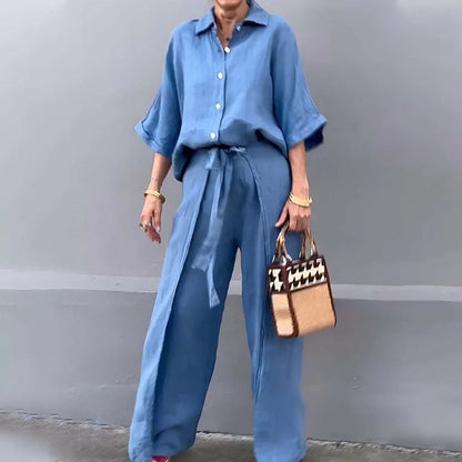 🔥HOT SALE-53% OFF💝Solid Color Lapel Top Drawstring Pants 2-Piece Set