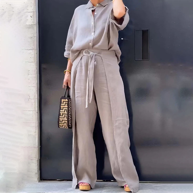 🔥HOT SALE-53% OFF💝Solid Color Lapel Top Drawstring Pants 2-Piece Set