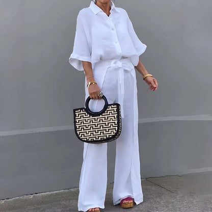 🔥HOT SALE-53% OFF💝Solid Color Lapel Top Drawstring Pants 2-Piece Set