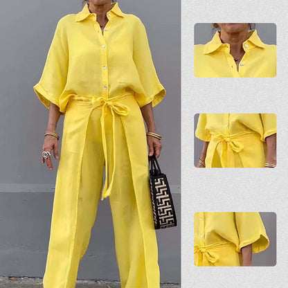 🔥HOT SALE-53% OFF💝Solid Color Lapel Top Drawstring Pants 2-Piece Set
