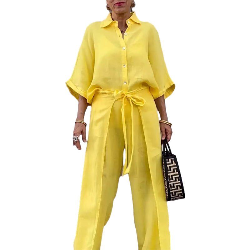 🔥HOT SALE-53% OFF💝Solid Color Lapel Top Drawstring Pants 2-Piece Set