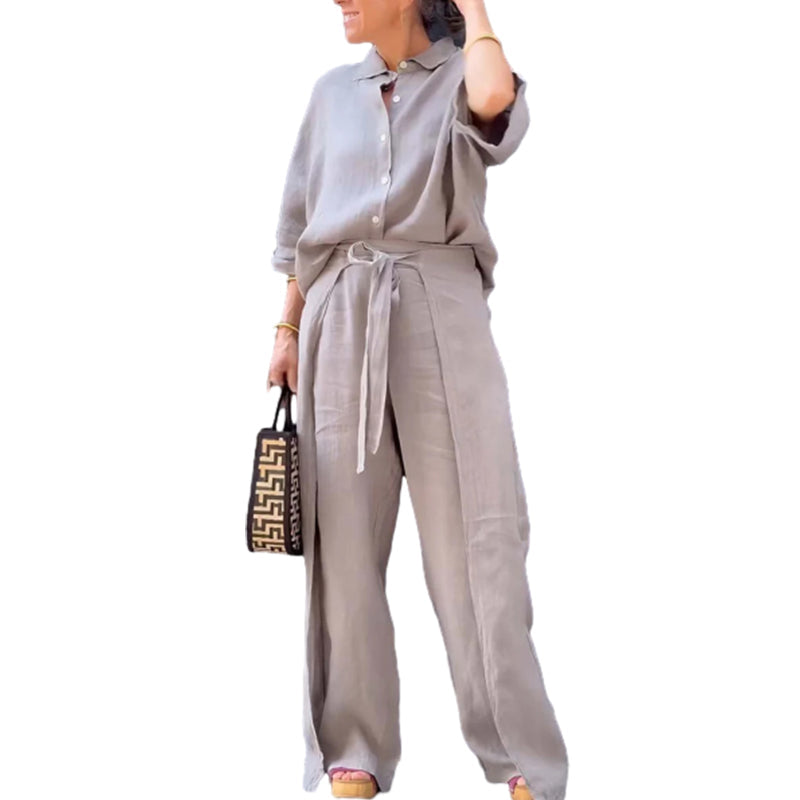 🔥HOT SALE-53% OFF💝Solid Color Lapel Top Drawstring Pants 2-Piece Set
