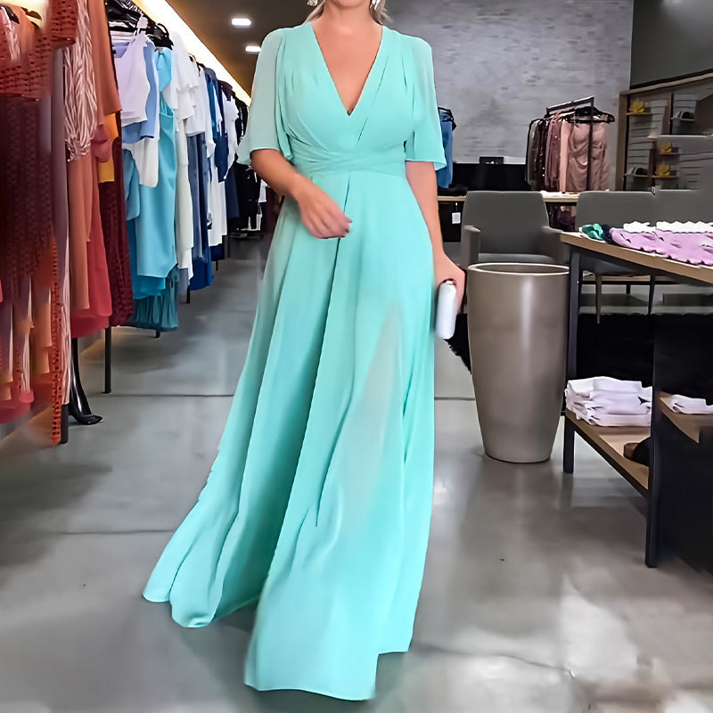 🌷Limited Time 50% OFF💞Solid Color V-Neck Waist Cinching Split Dress