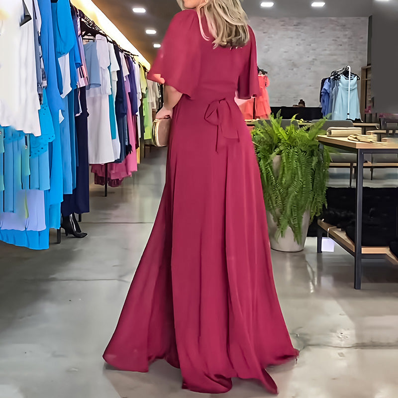 🌷Limited Time 50% OFF💞Solid Color V-Neck Waist Cinching Split Dress