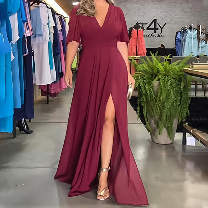 🌷Limited Time 50% OFF💞Solid Color V-Neck Waist Cinching Split Dress