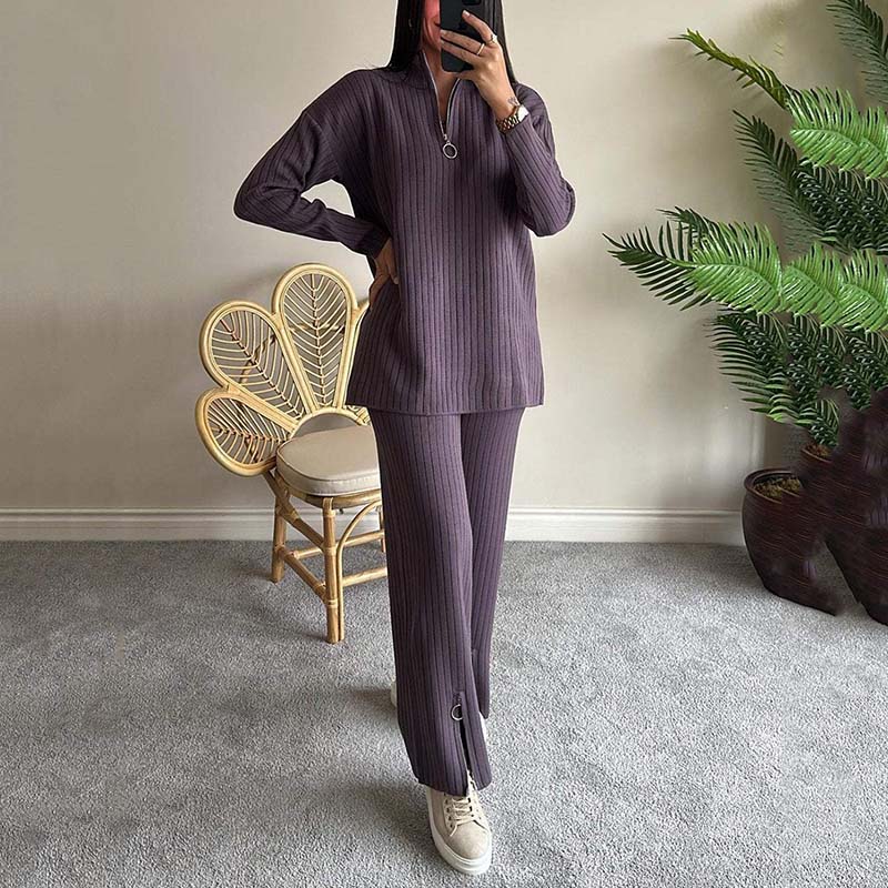 ⏳Beperkte uitverkoop 50% KORTING🌸Comfortabele geribbelde gebreide tweedelige set voor dames met broek met split💕