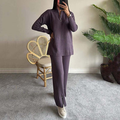 ⏳Beperkte uitverkoop 50% KORTING🌸Comfortabele geribbelde gebreide tweedelige set voor dames met broek met split💕