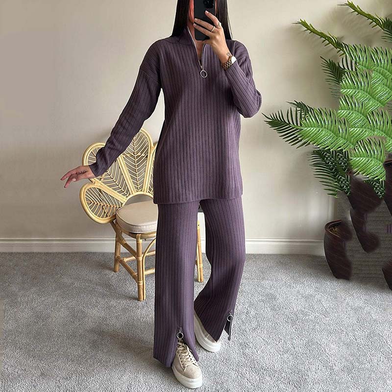⏳Beperkte uitverkoop 50% KORTING🌸Comfortabele geribbelde gebreide tweedelige set voor dames met broek met split💕