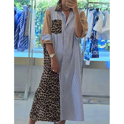 🌷Limited Time 50% OFF💞Women's Loose Leopard & Stripe Patchwork Shirt Dress