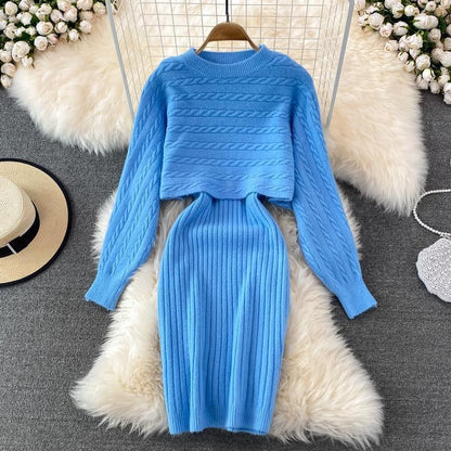 ✨Nieuwkomer✨Tweedelige truiset voor dames: crop top en aansluitende jurk