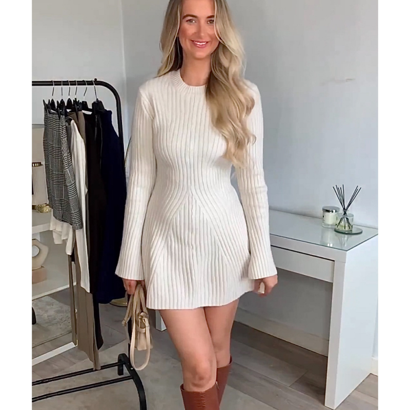 ✨Nieuwkomer✨Effen ronde hals gebreide mini-jurk met lange mouwen