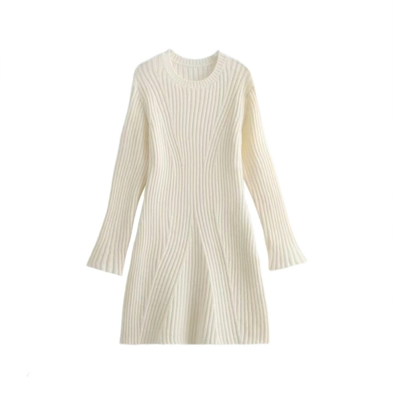 ✨Nieuwkomer✨Effen ronde hals gebreide mini-jurk met lange mouwen