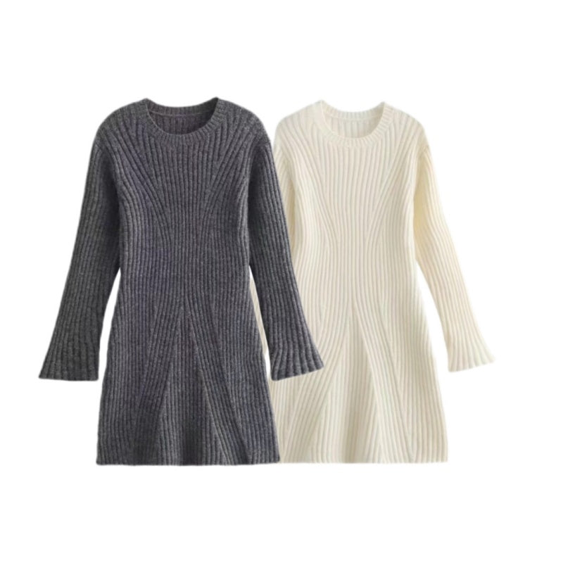 ✨Nieuwkomer✨Effen ronde hals gebreide mini-jurk met lange mouwen