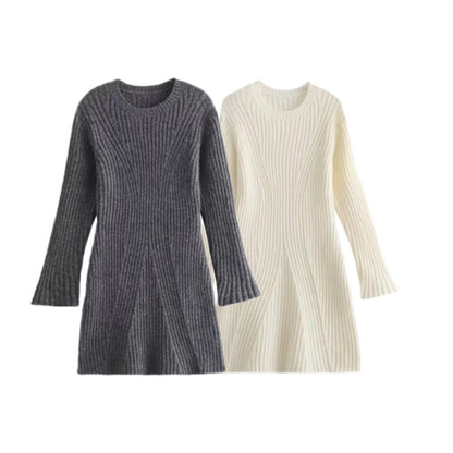 ✨Nieuwkomer✨Effen ronde hals gebreide mini-jurk met lange mouwen